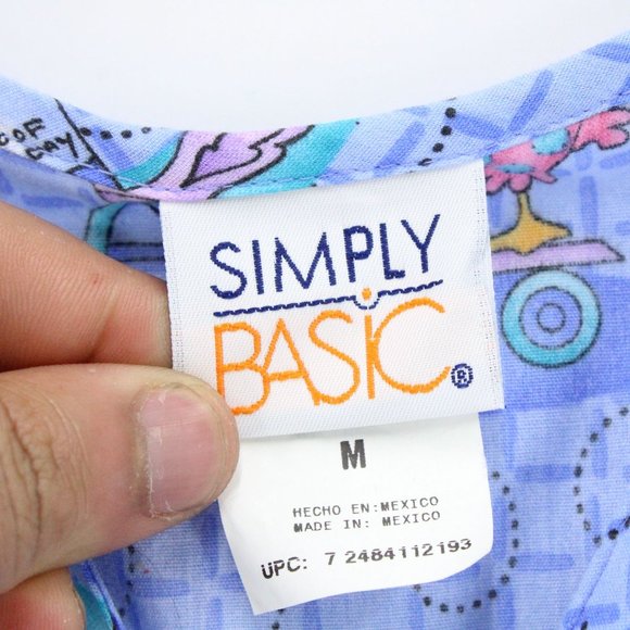 Simply Basic Scrub Top Womens Blue Cartoon All Over Print V Neck Size Small S - Picture 6 of 9